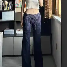 ネイビーストライプのハイウエストワイドパンツ【ため息が出るような感・フレアシ  ルエット】（セットアップ対応）