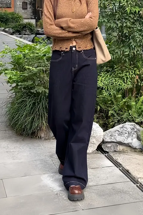 REMOULD 高腰デニムパンツ【秋冬用・裏起毛・深い青・ストレート・ワイドレッグ】