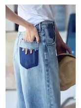 フィットのウォッシュドデニムロングパンツ【カラーブロック・ストレート・女性用・トレンドスタイル】（セットアップ対応）