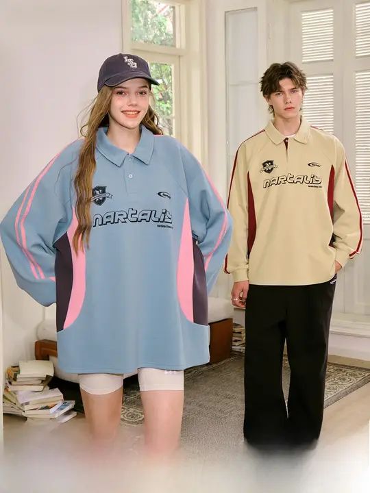 NARTALIY ポロシャツ【アメリカンスタイル・カラー切替・男女兼用・長袖・ゆったりデザイン】