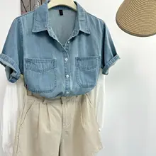 ヴィンテージ風デニムシャツ【ポロ襟・夏用・女性用・ルーズフィット】