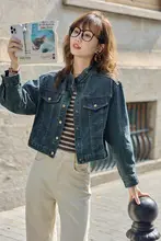 秋のレトロブルーデニムジャケット【女性用・ルーズフィット・通勤・ショート丈・スタンドカラー】