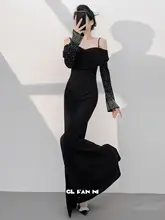 エレガントなロングスリーブ ドレス【ブラック・オフショルダー・フィッシュテールデザイン・年会用】