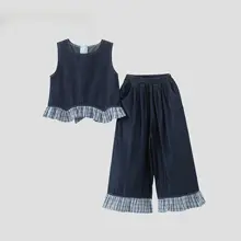 2点セット キッズ ガールズ デニム ワイドパンツ チェック柄 フリル レース 夏