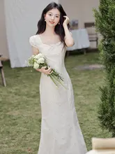 美しい刺繍のフレアドレス【夏用・フランス風・フィッシュテールデザイン】