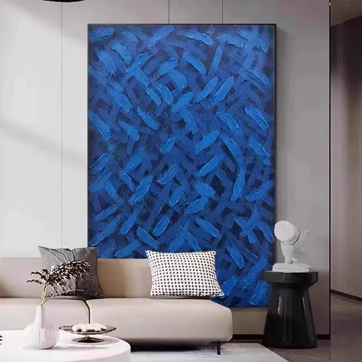 手描き アートフレーム 壁掛け油絵【抽象デザイン・青色・モダン】