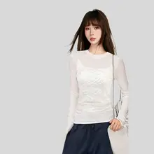 白色薄手フラワープリント長袖Tシャツ【UVカット・スリムフィット・透け感あり】