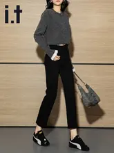 高腰ストレートデニムパンツ【女性用・黒・スリムフィット・九分丈】