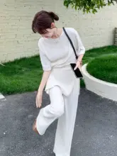 スタイル白のリボン付きトップス【夏用・質感のあるワイドパンツ】（セットアップ対応）