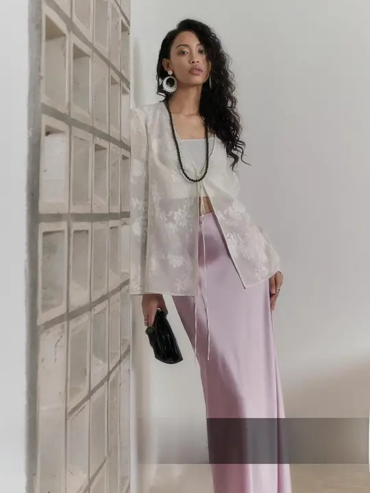 立体刺繍のロマンティックカーディガン【新中式・両面着用・ウエストリボン】