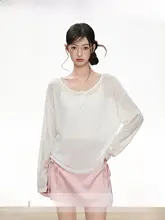UVカットパーカー レディース 長袖Tシャツ ヘンリーネック ホワイト 薄手 シースルー ルーズ 羽織り 夏 紫外線対策「IFSAWX」