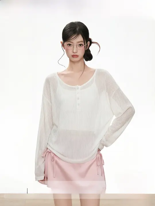 UVカットパーカー レディース 長袖Tシャツ ヘンリーネック ホワイト 薄手 シースルー ルーズ 羽織り 夏 紫外線対策「IFSAWX」