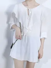 フィルダン リボン付きVネックプリンセススリーブ長袖トップス【大きいサイズ・ルーズフィット】