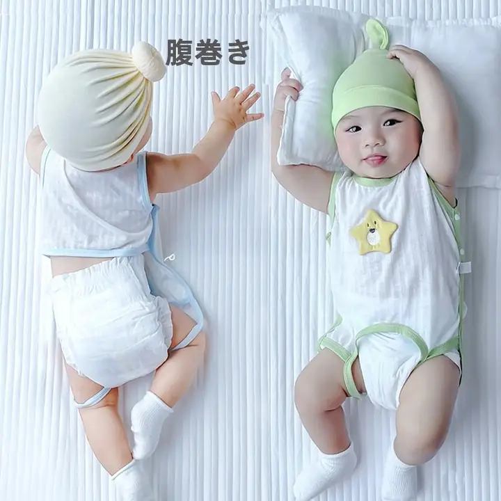 夏用コットン製 ベビー腹部保護ロンパース【薄手・半そで・新生児用】