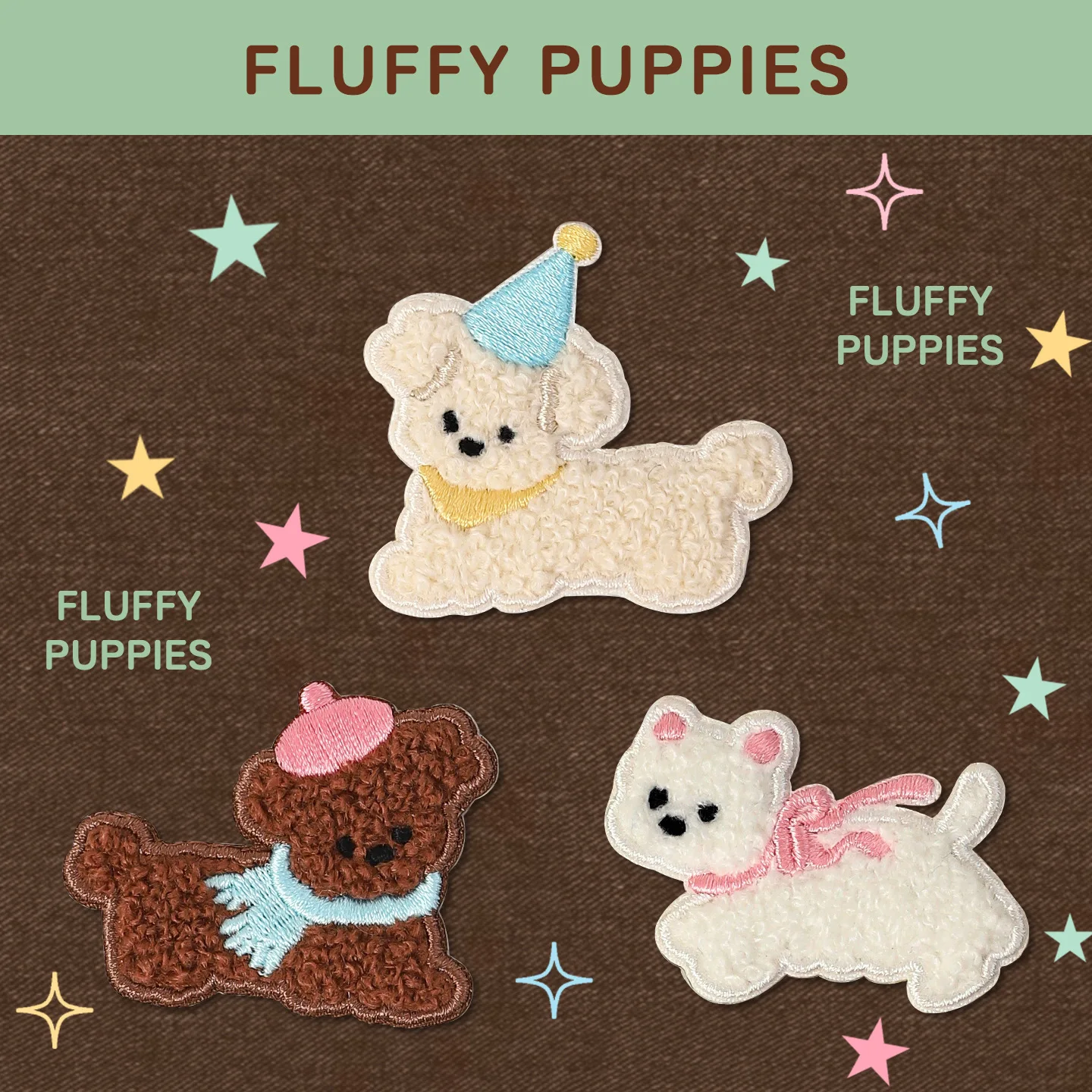 可愛い犬の刺繍ワッペン：毛足が長いカスタムデザインでスマホや手帳に貼れる自粘着タイプ
