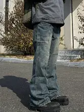 メンズヴィンテージウォッシュデニムパンツ【春秋用・ゆったりストレート・デザイン性あり】
