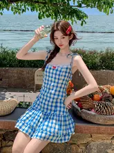フラワープリントレース切替キャミソールミニドレス【爽やかなブルー・夏用・チェック柄】（  セットアップ対応）