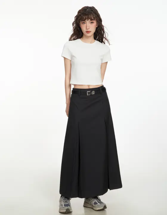 黒色プリーツ Aラインスカート【春用・ロング丈・小柄向け】