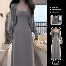 女性用 グレーのキャミソールワンピース【フランス風・タイトシルエット・秋用・春先に最適】（セットアップ対応）