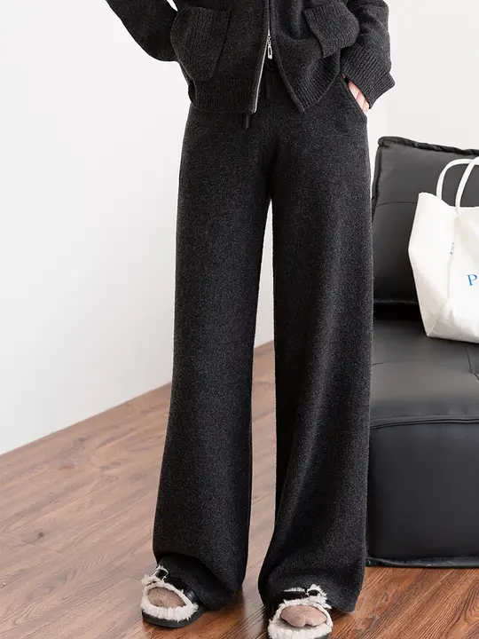 秋冬対応 レディース羊毛混紡ニットパンツ【落ち感・ダークグレー・ストレート】