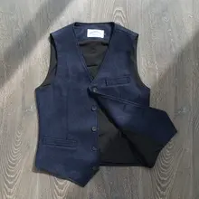 深い青色のフィッシュボーンデザイン英国風メンズベスト【重厚なウール・クラシックスタイル】