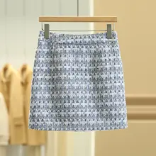 高腰チェック柄Aラインスカート【包臀デザイン・冬用・上品】（セットアップ対応）