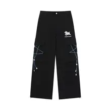 刺繍入り小犬デザインのドローストリングパンツ【五角星パターン・ゆったりシルエット・プリーツデザイン】