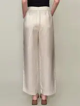 夏用 薄手のハイウエストワイドレッグパンツ【白色・レディース・リネン・九分丈】
