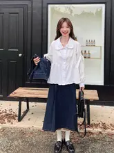 可愛いドールカラーシャツとデニムベスト、ミディスカートの三点セット（セットアップ対応）