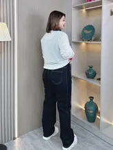 レトロスタイルのハイウエストデニムパンツ【大きいサイズ・スリムフィット・ストレートタイプ】（セットアップ対応）