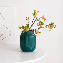 ストライプデザインの白い陶器の広口花瓶【乾燥花・水栽培対応・リビング用インテリア】