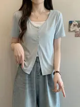 コットン混バイカラー切替えデザイン Tシャツ【女性用・夏・ゆったりシルエット・上品なスタイル】