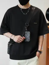 デニムパッチワークのショートスリーブTシャツ【男性用・夏用・ゆったりデザイン】（セットアップ対応）