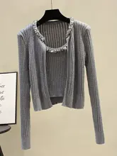 ビーズとリボンデザインの毛ニットカーディガン＆キャミソール【秋冬用・短丈】（セットアップ対応）