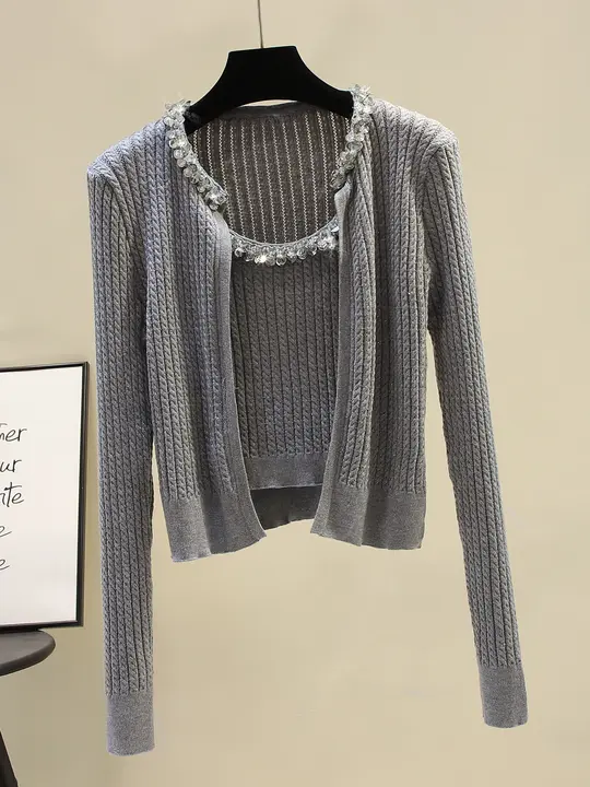 ビーズとリボンデザインの毛ニットカーディガン＆キャミソール【秋冬用・短丈】（セットアップ対応）