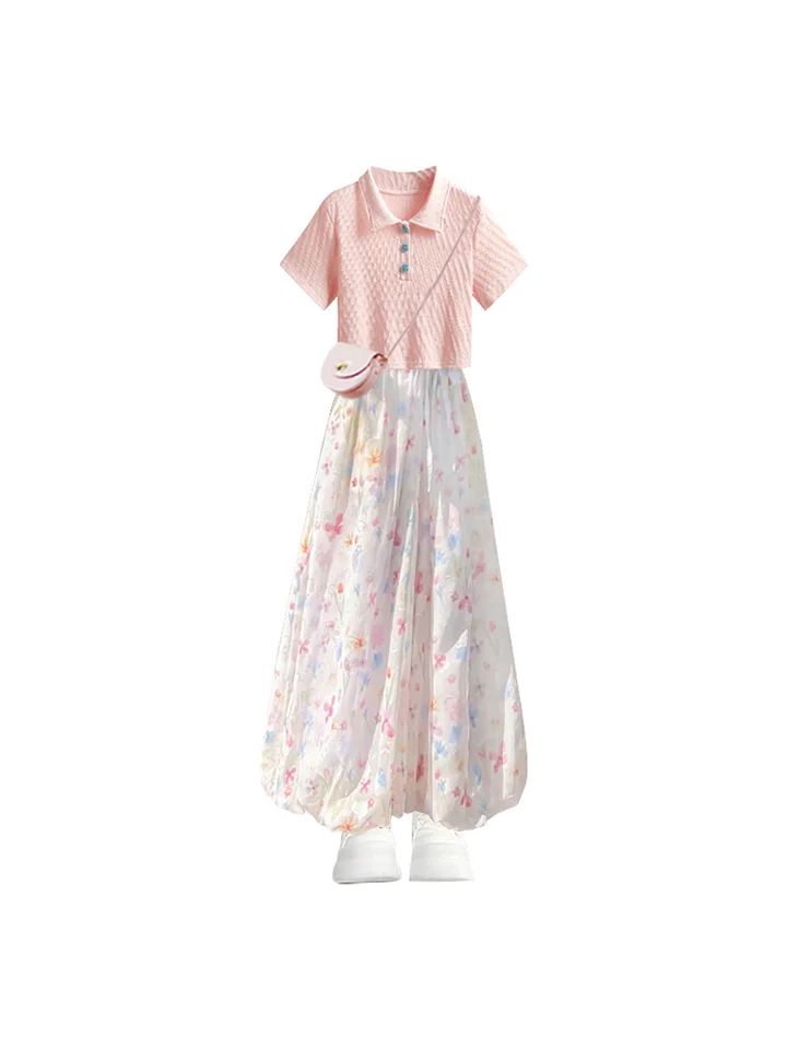 夏にぴったり！ピンクのフラワープリントワンピース【学院風・フリル付き・スカートパンツ】（セットアップ対応）