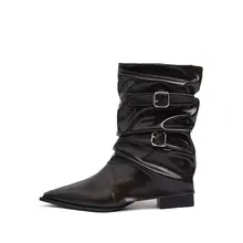牛革製 ポインテッドトゥ ウエスタンブーツ レディース【秋冬用・レトロデザイン・ショートブーツ・ミドルカット】