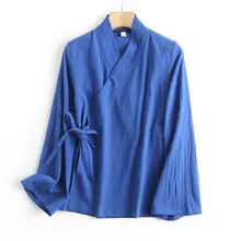 オリジナルデザインのコットン製ロングスリーブ着物風ブラウス【春夏用・交差デザイン・日常着】