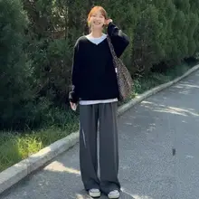 ブラック高腰ワイドパンツ【秋用・フィット・ストレートレッグ・小柄向け】