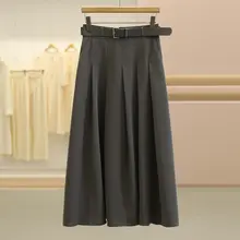 高腰プリーツ膝下スカート【ウエストマーク・Aライン・ドレープ感】