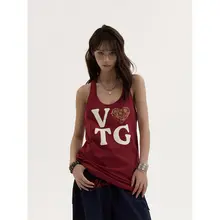 ヴィンテージ風プリントノースリーブTシャツ【フィット・夏用・女性用】（セットアップ対応）