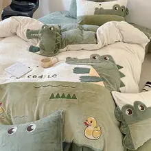 子供用カートゥーンデザインのミルクベルベット四点寝具【コーラルベルベット・アリゲーターダック刺繍・男の子向け】（セットアップ対応）