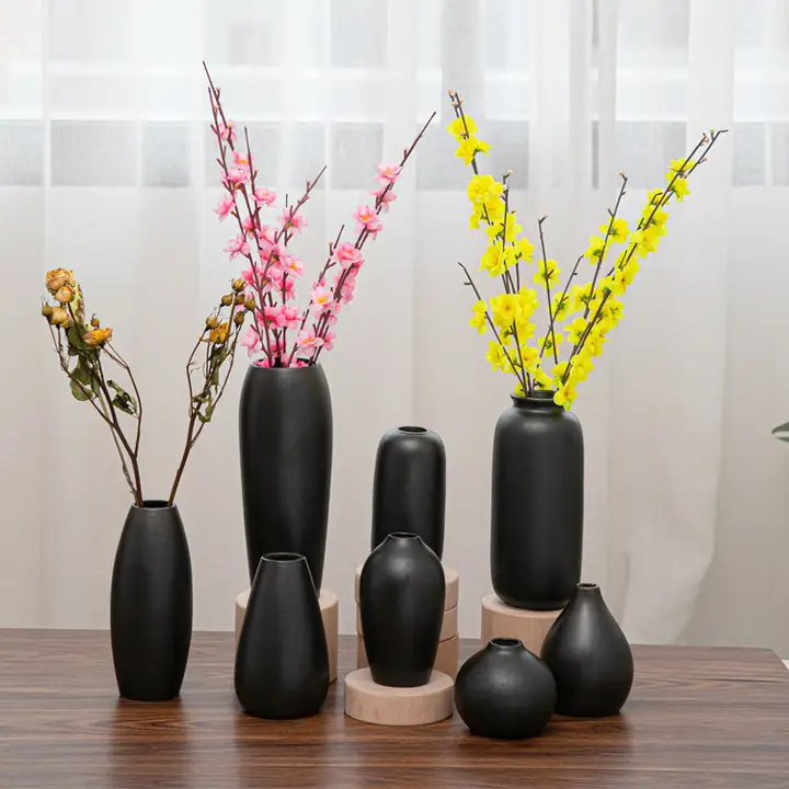 黒色陶器製花瓶【モダンスタイル・インテリア装飾・ドライフラワー用】