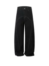 デニムパンツ レディース ワイド ブラック 飾りステッチ カーブドシルエット 落ち感 重ね見え ストリート「BeOurRule」
