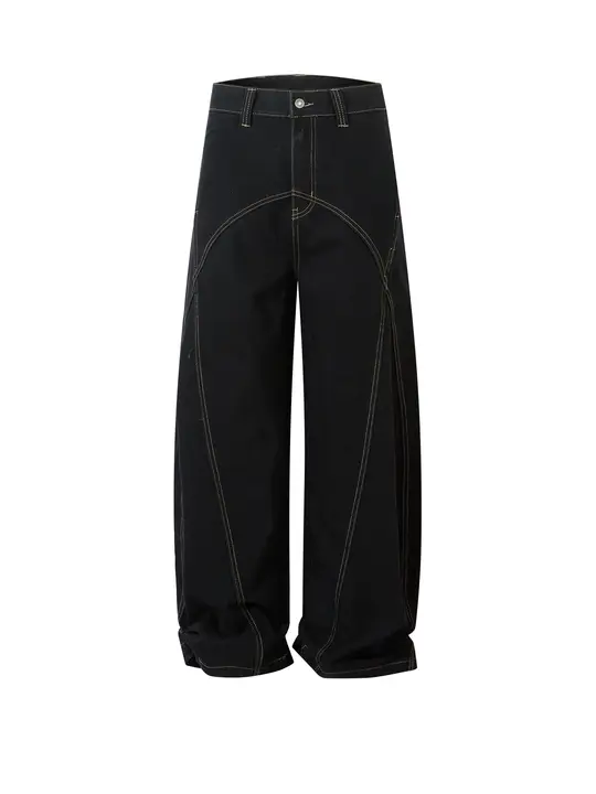 デニムパンツ レディース ワイド ブラック 飾りステッチ カーブドシルエット 落ち感 重ね見え ストリート「BeOurRule」