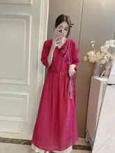 感漂うアジア風イージー着用の麻製ロングドレス【膝下丈・ゆったり体型カバー】