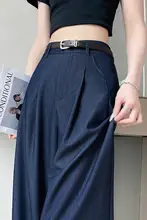 深いデニム色のレディースワイドレッグパンツ【ゆったりフィット・春秋用・ストレート】（セットアップ対応）