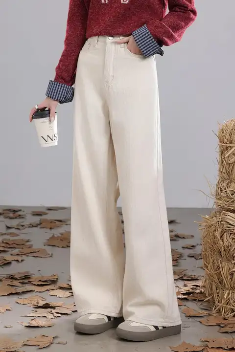 高腰ワイドレッグデニムパンツ【レディース・ホワイト・ゆったりフィット】