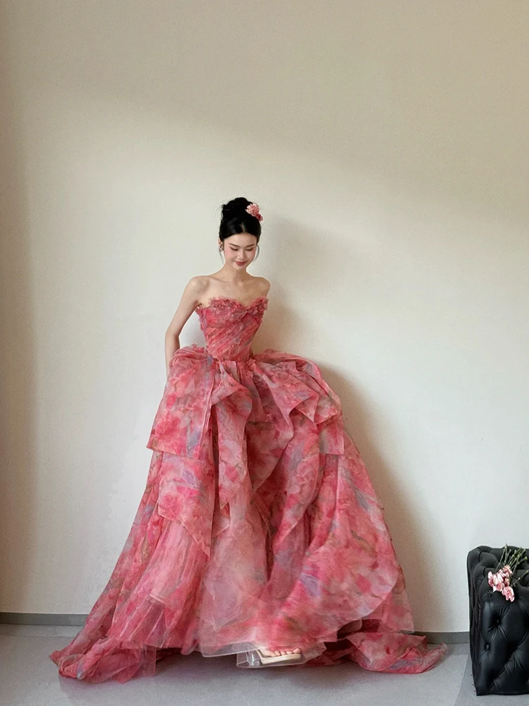 エレガントなビスチェデザインのmany way airy veil dress：結婚式・パーティーで活躍する花色A字長裙ドレス