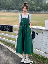 グリーンのオーバーオール風サロペットワンピース【カジュアルデザイン・夏用】（セットアップ対応）